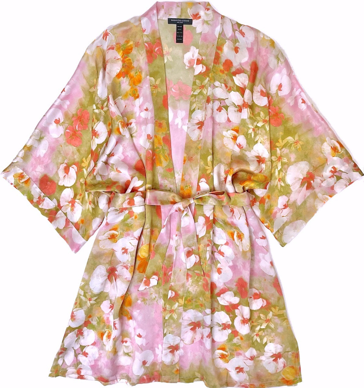 Samantha Chang Short Silk Kimono Robe- Sakura Sky