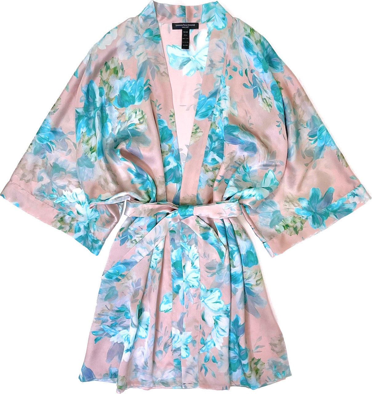 Samantha Chang Silk Short Kimono Robe - Turquoise Blossoms
