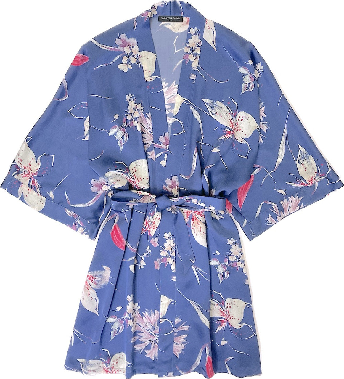 Samantha Chang Short Silk Kimono Robe- Floating Petals