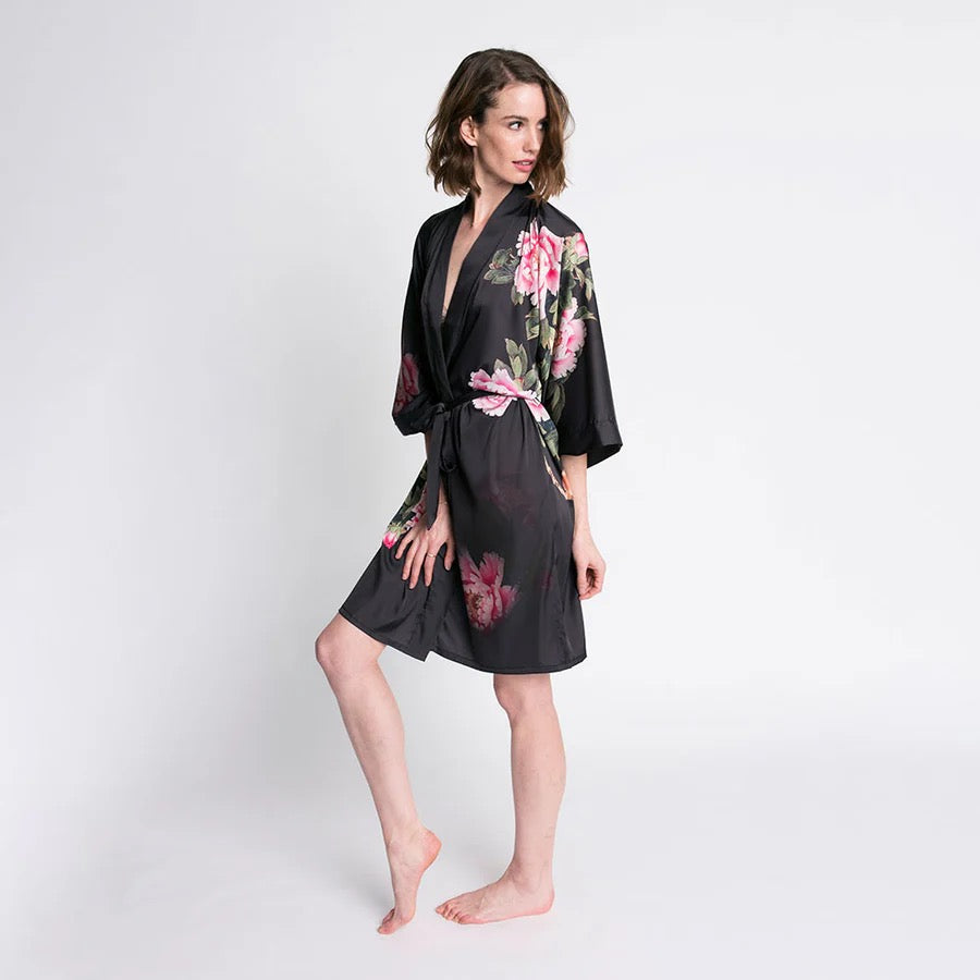 Kimono Short Robe -Peony and Bird Black