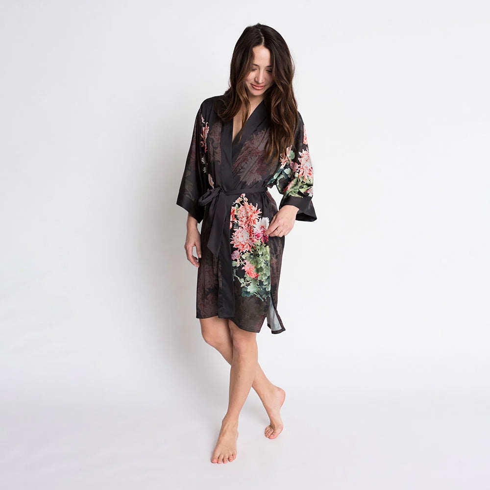 Kimono Short Robe- Chrysanthemum Black