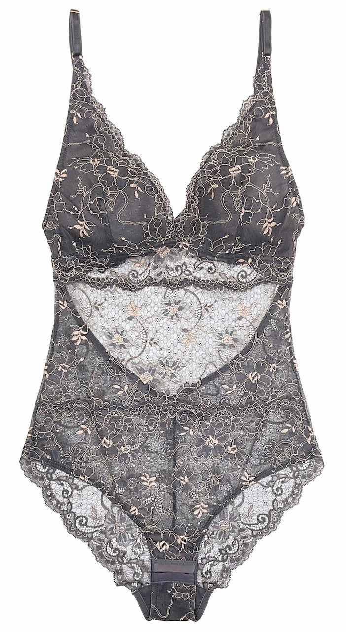 Samantha Chang All Lace Amour Bodysuit- Charcoal/Blush