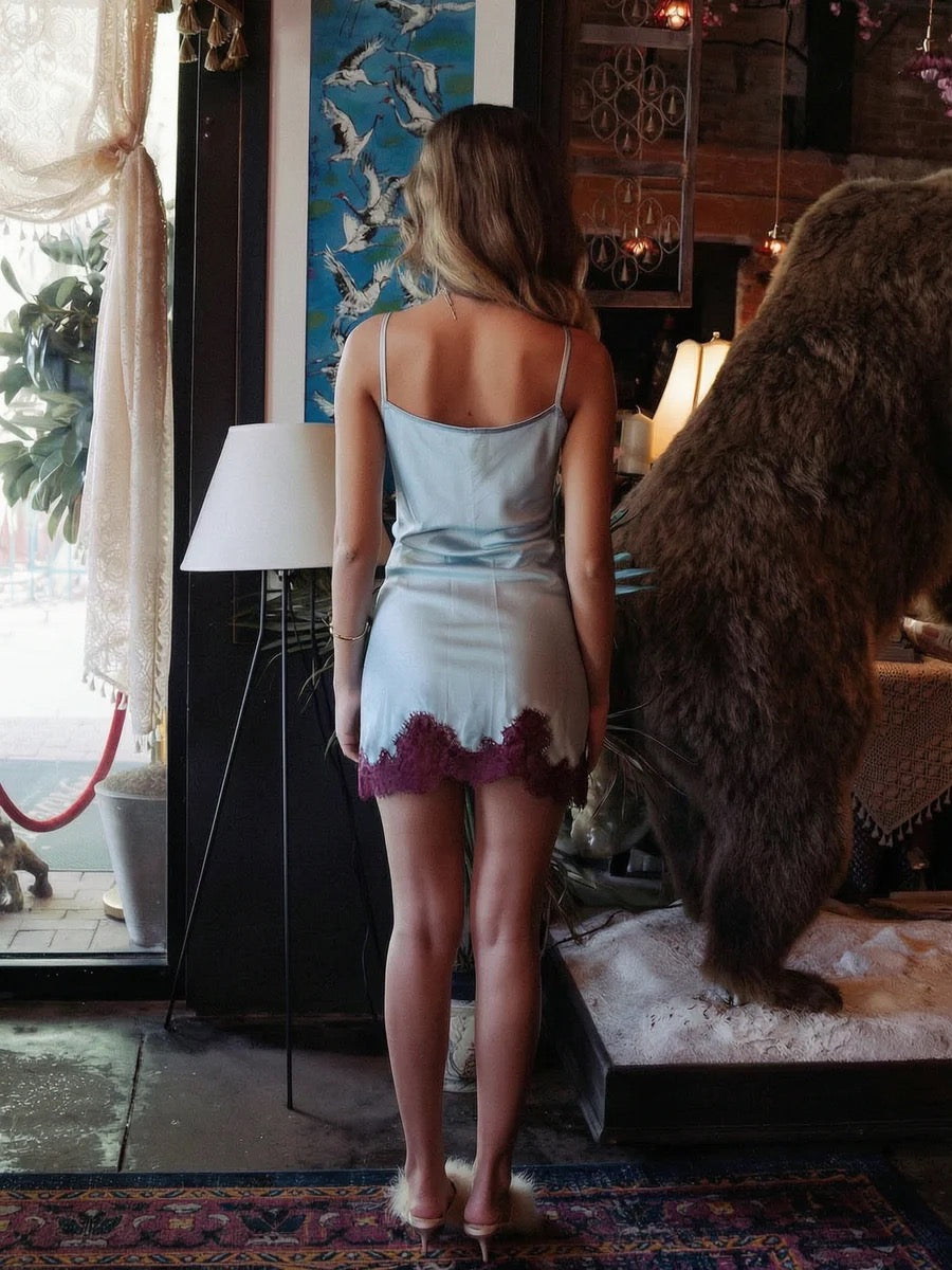 Kilo Brava Satin Icy Blue and Pinot Noir Lace Mini Slip