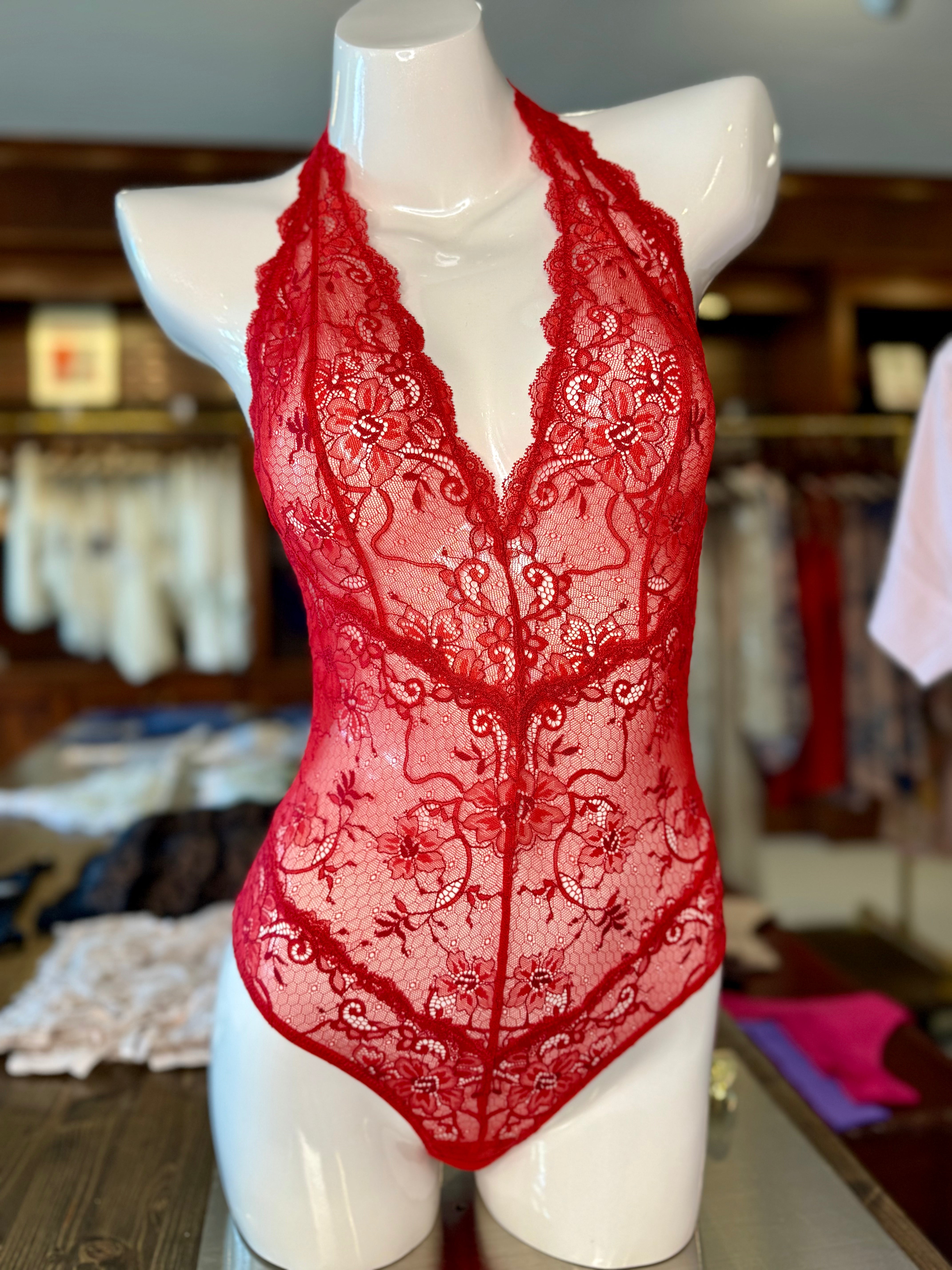 Samantha Chang All Lace Amour Deep Plunge Halter Bodysuit - Red