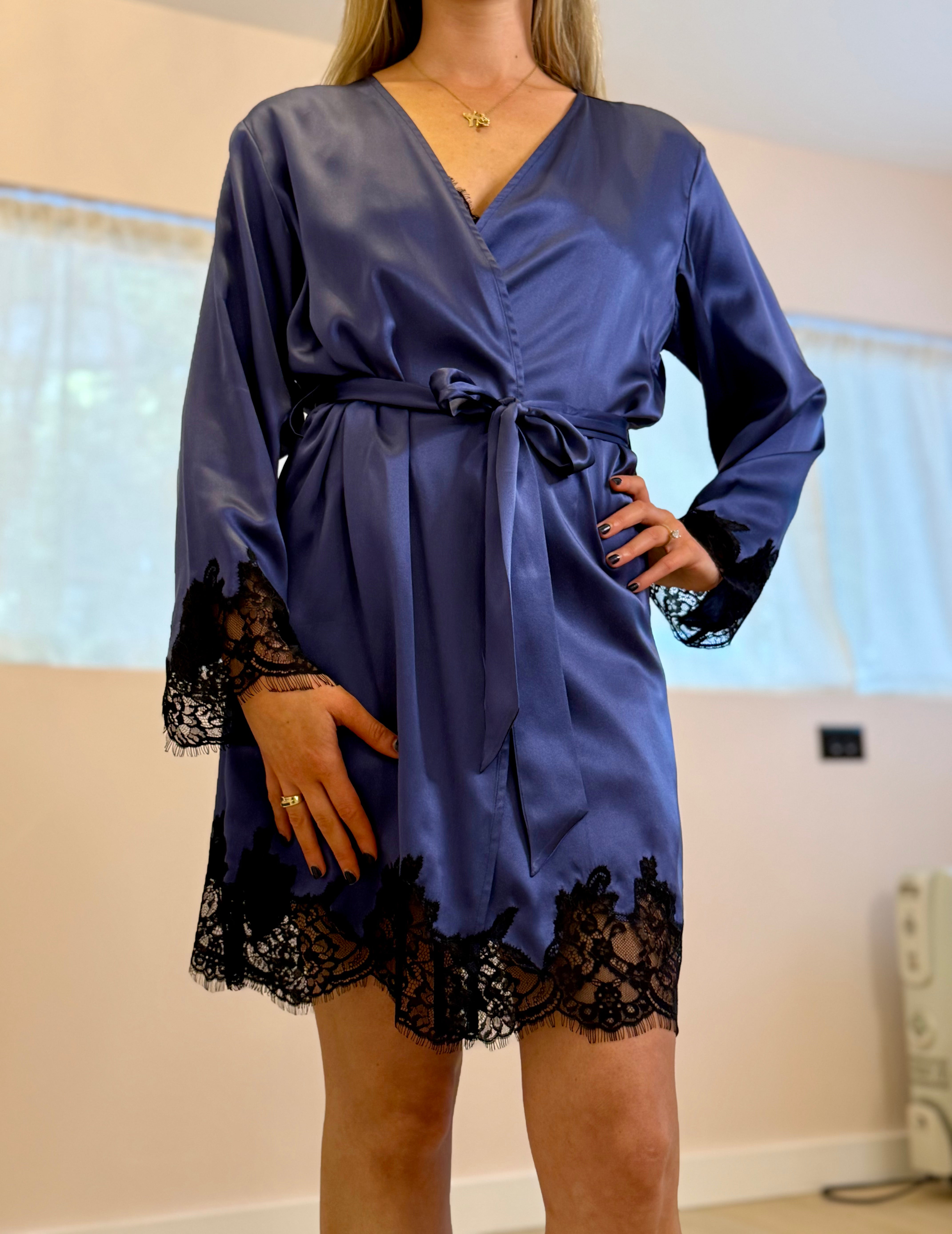 KissKill Genevieve Silk Robe - Navy