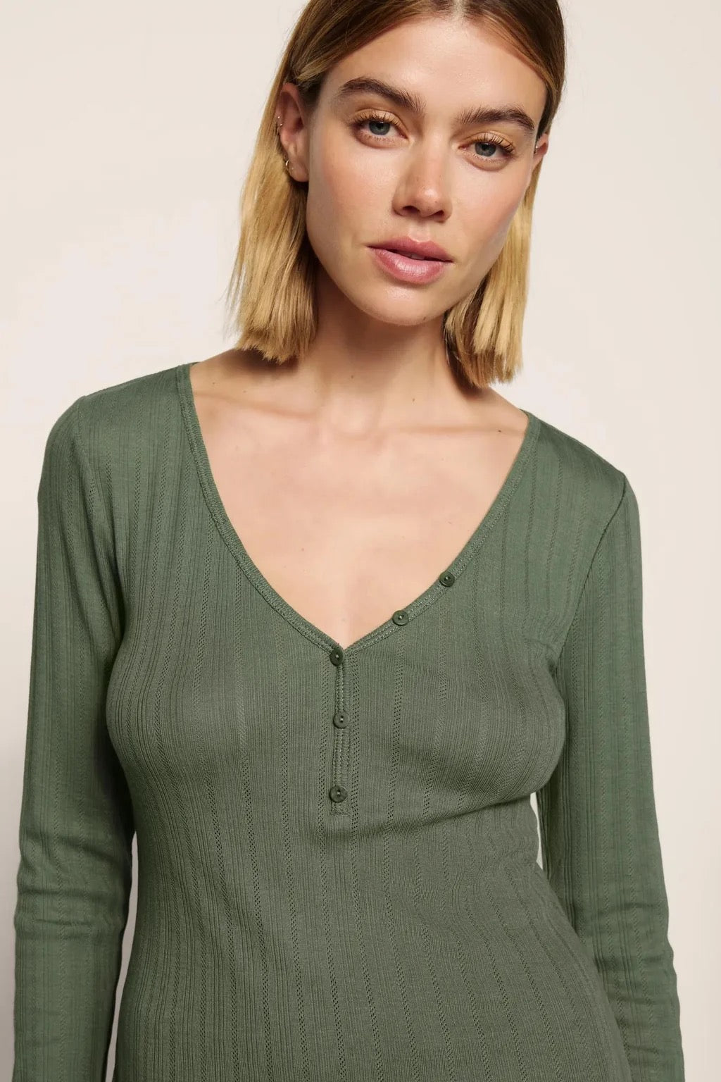 Eberjey Pointelle V-Neck Henley - Desert Sage
