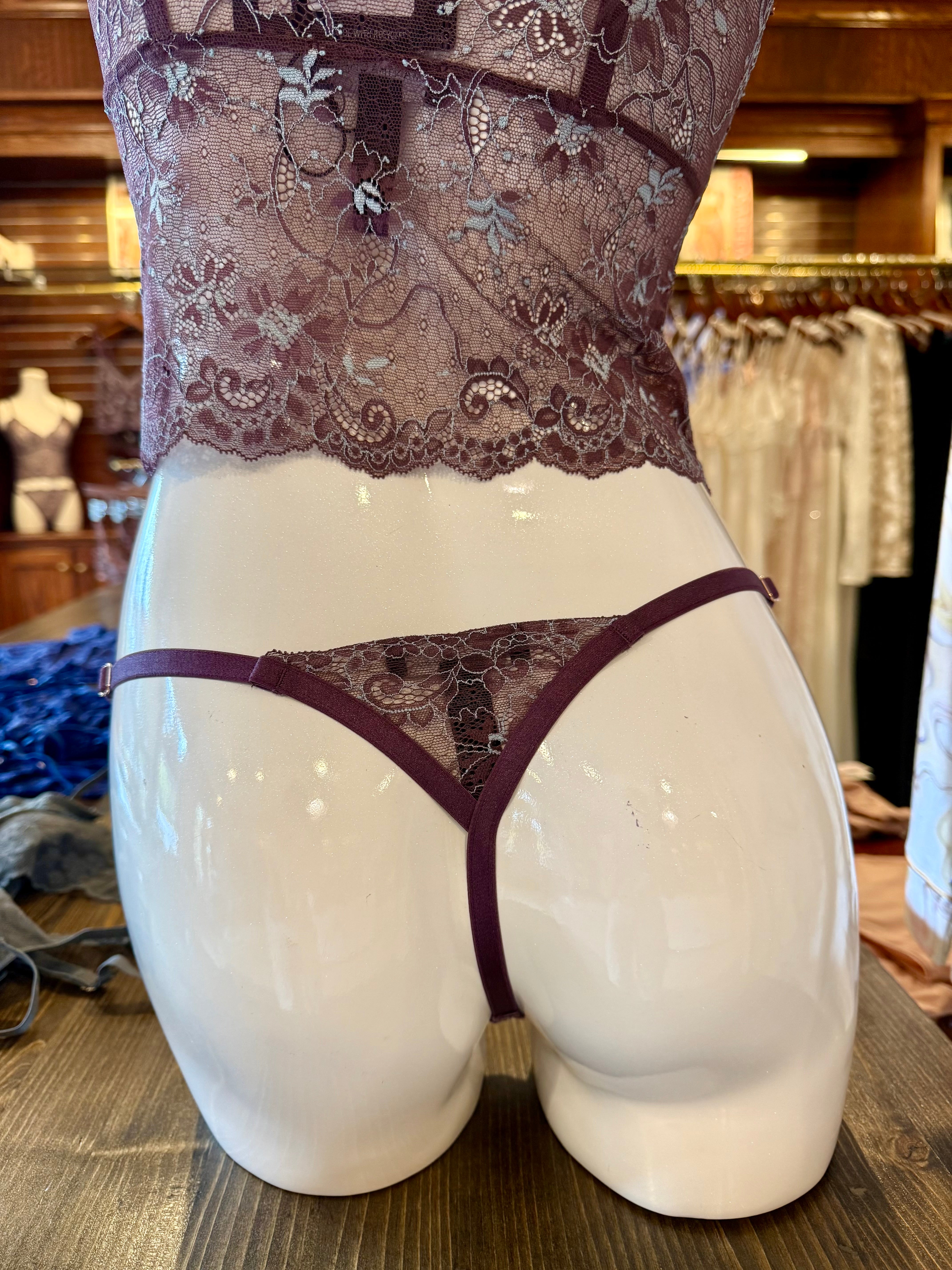 Samantha Chang All Lace Amour String Panty (one size) -Eggplant/Iceberg