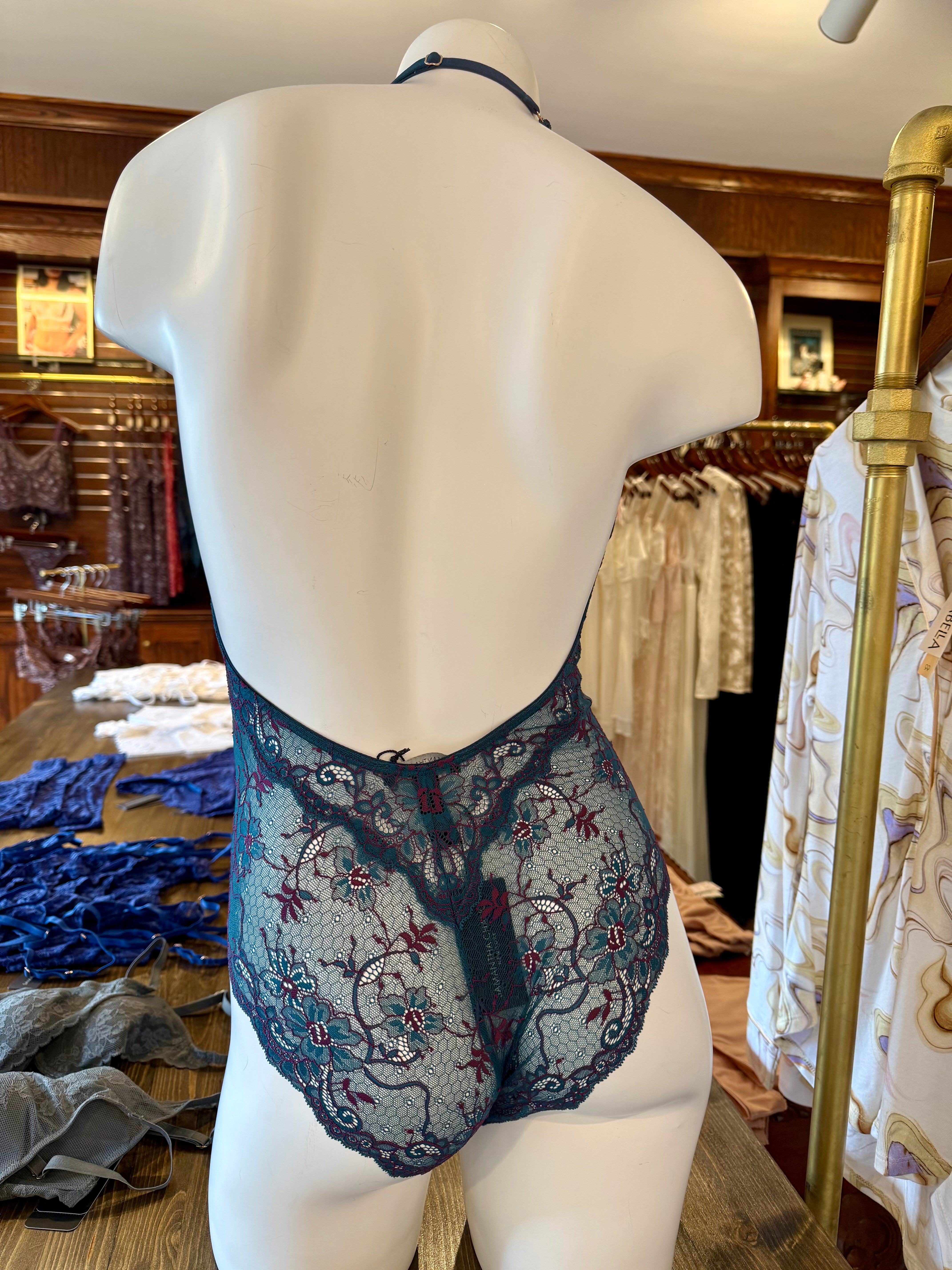 Samantha Chang All Lace Amour Deep Plunge Bodysuit - Peacock/Fuchsia