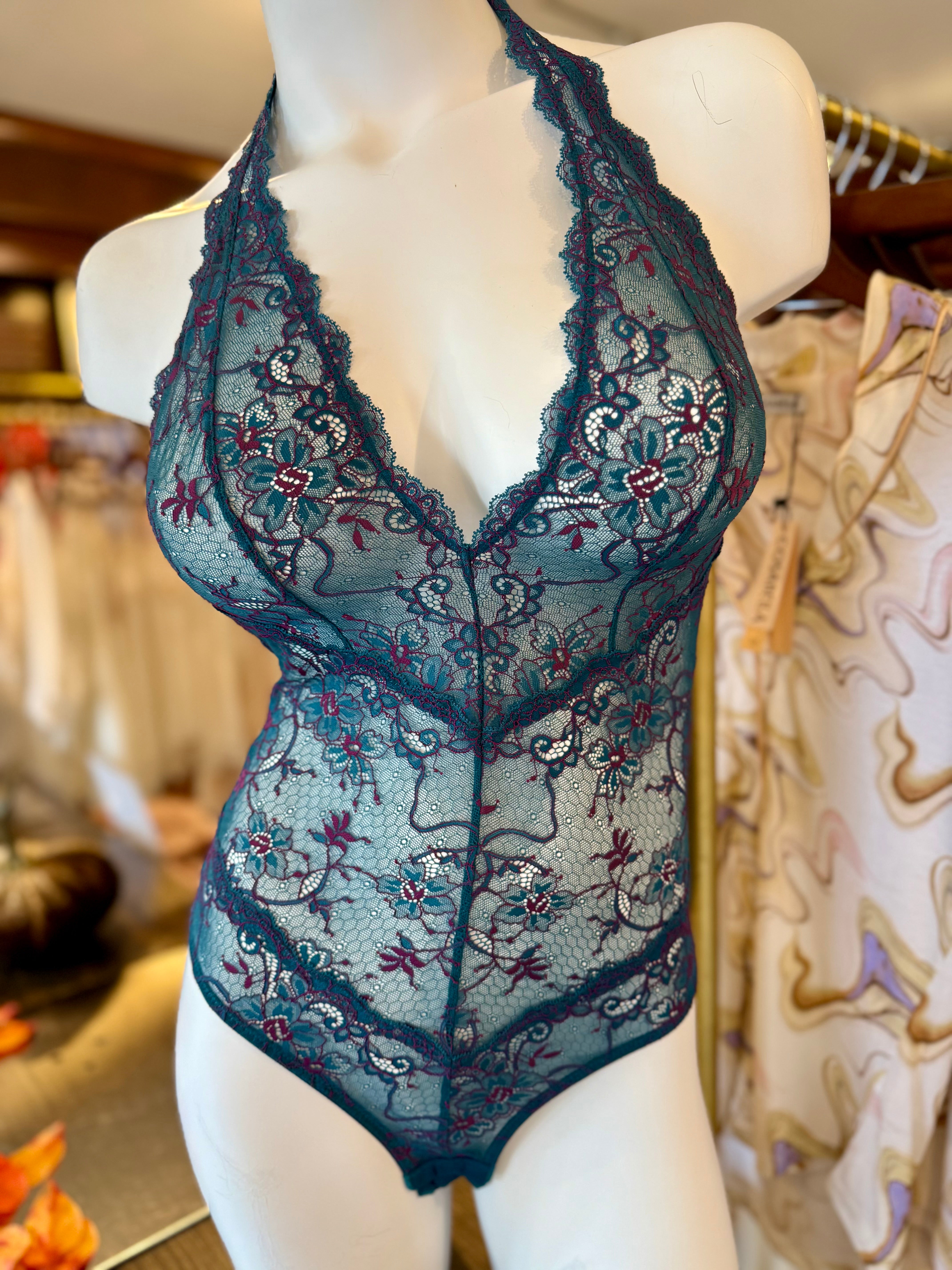 Samantha Chang All Lace Amour Deep Plunge Bodysuit - Peacock/Fuchsia
