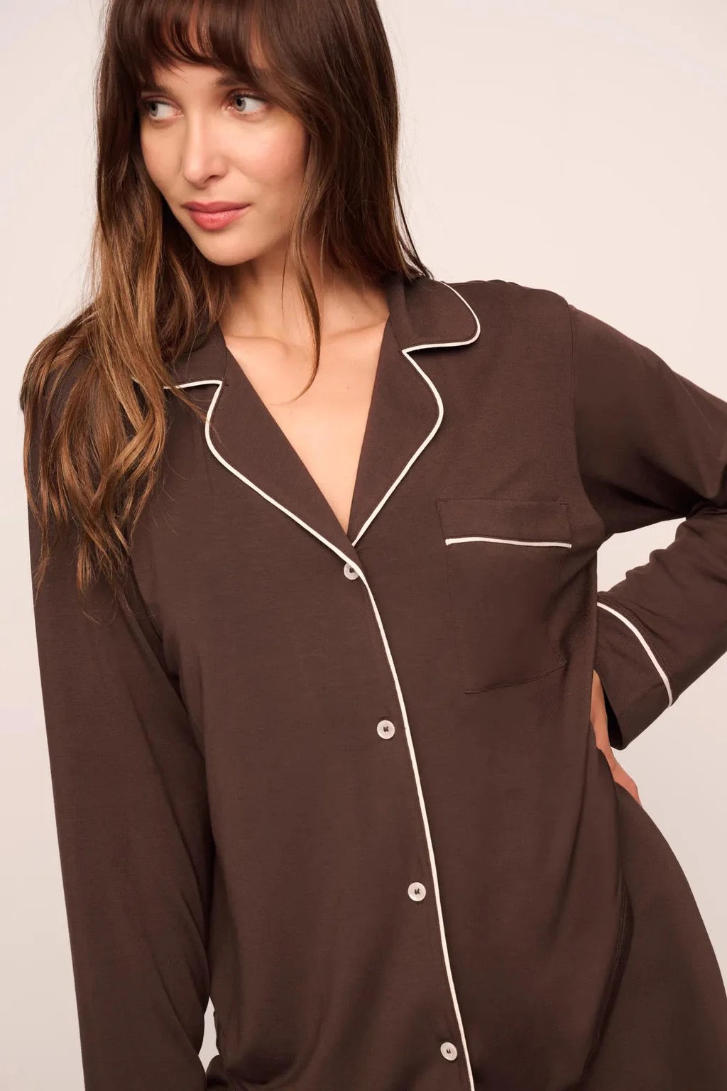 Eberjey Modal Long Pj Set - Chocolate/Ivory