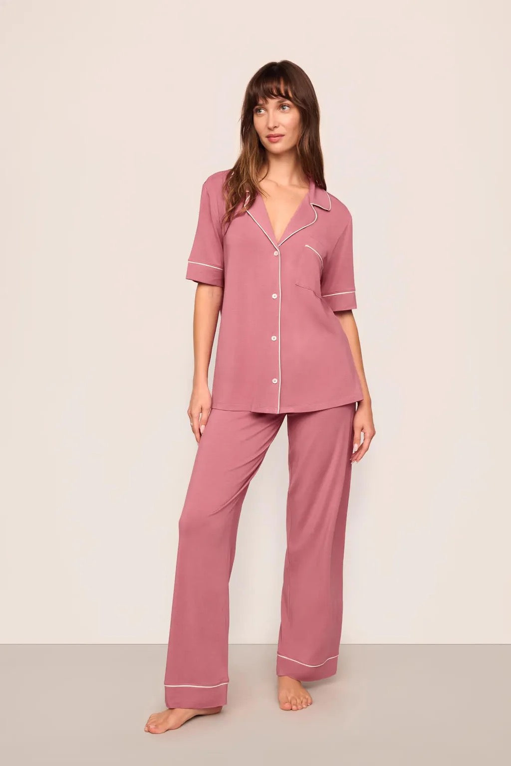 Eberjey Gisele Modal Short Sleeve and Pant Pj Set - Berry Blush/Ivory