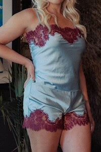 Kilo Brava Satin Icy Blue and Pinot Noir Lace Cami and Short Set