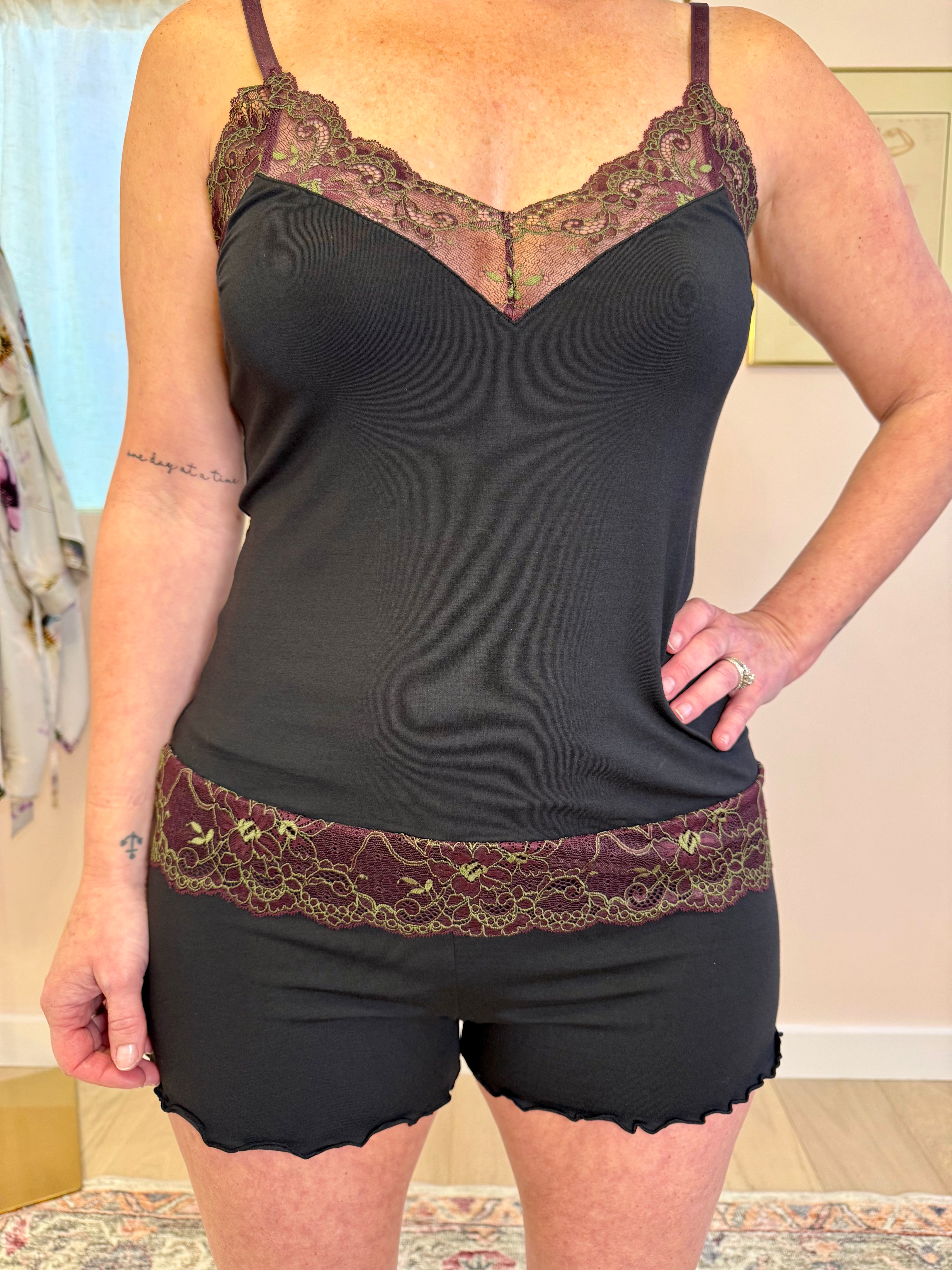Samantha Chang Cami/Short Set - Black/Grape Chartreuse Lace