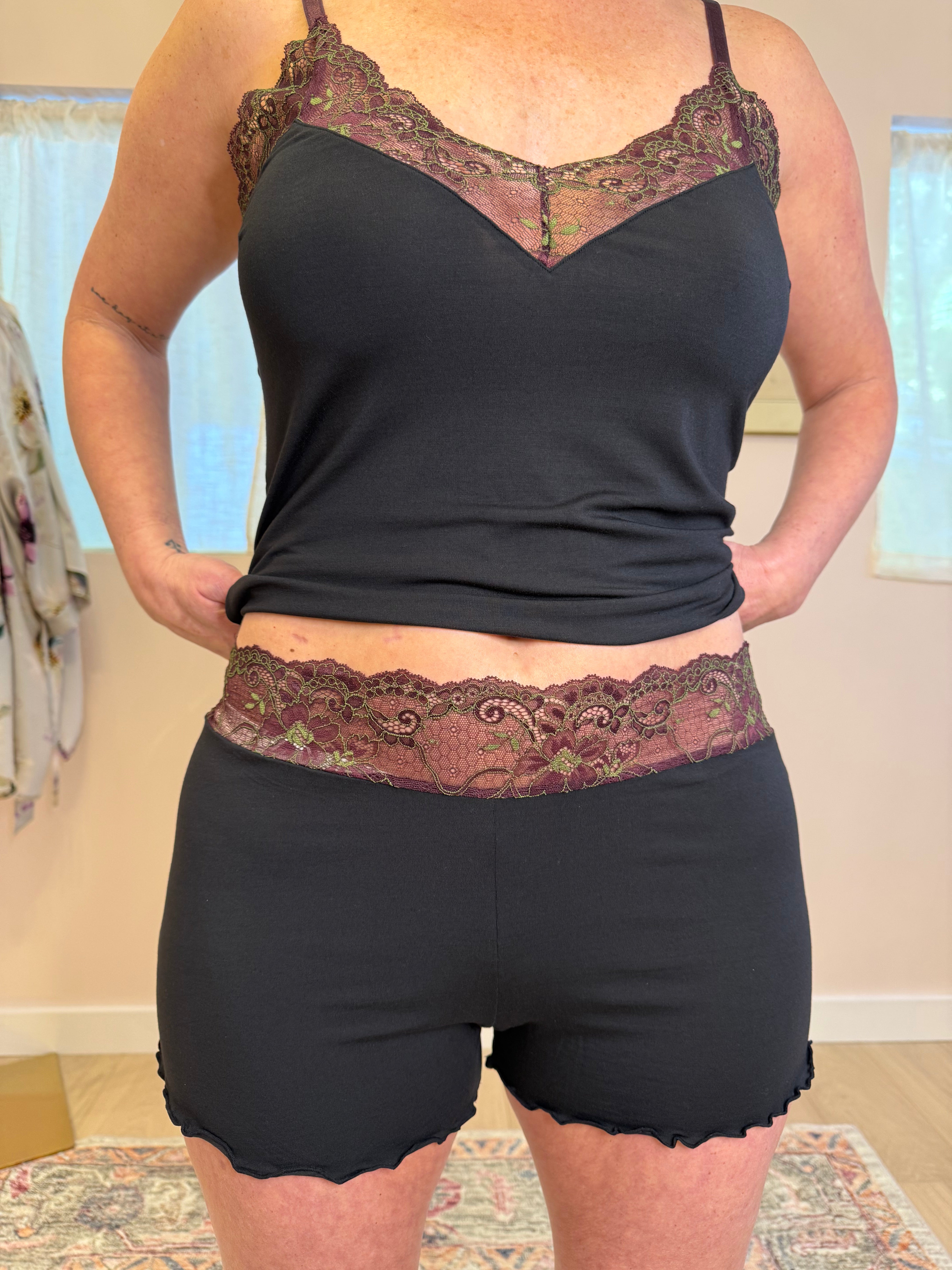 Samantha Chang Cami/Short Set - Black/Grape Chartreuse Lace