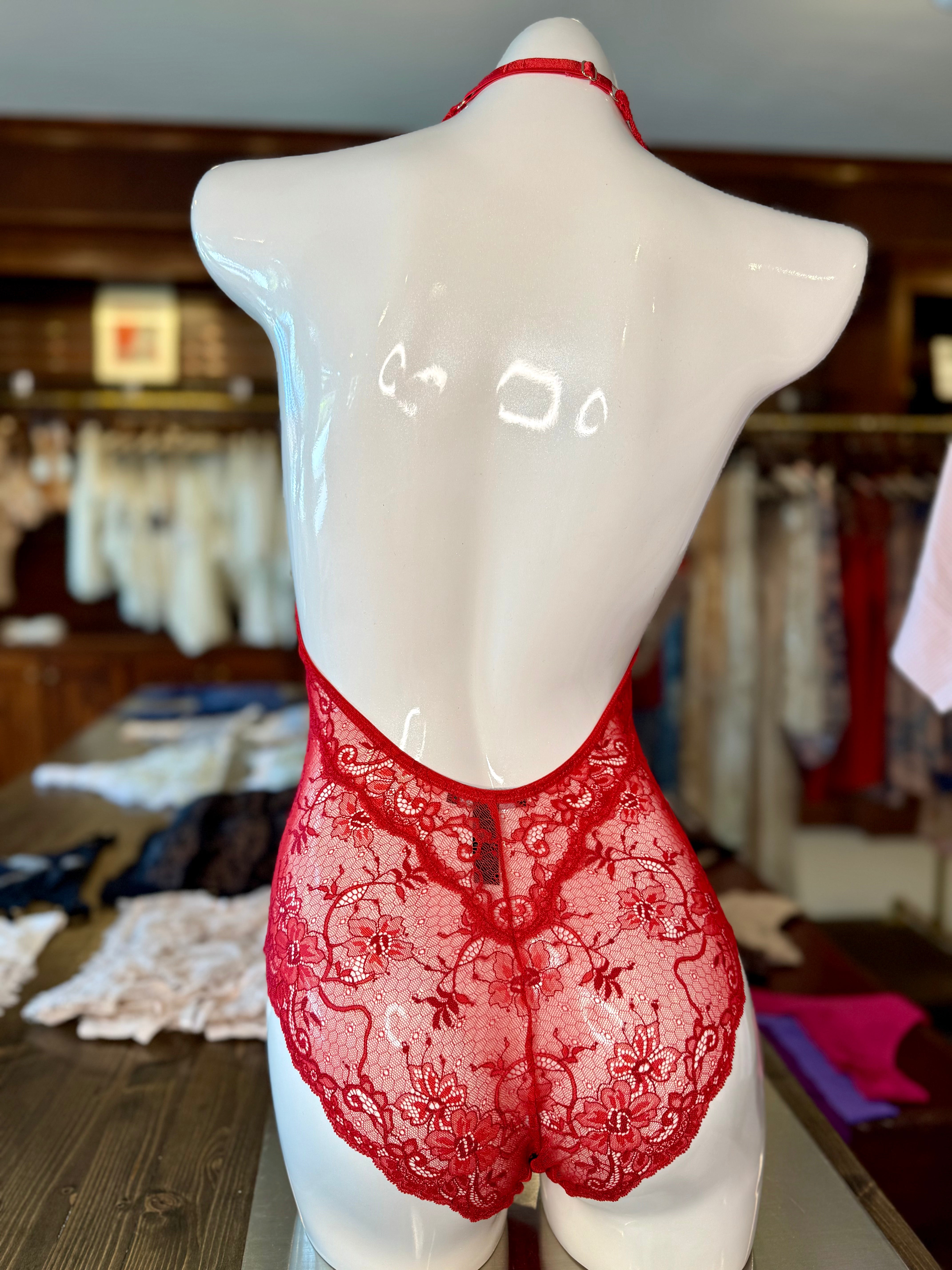 Samantha Chang All Lace Amour Deep Plunge Halter Bodysuit - Red