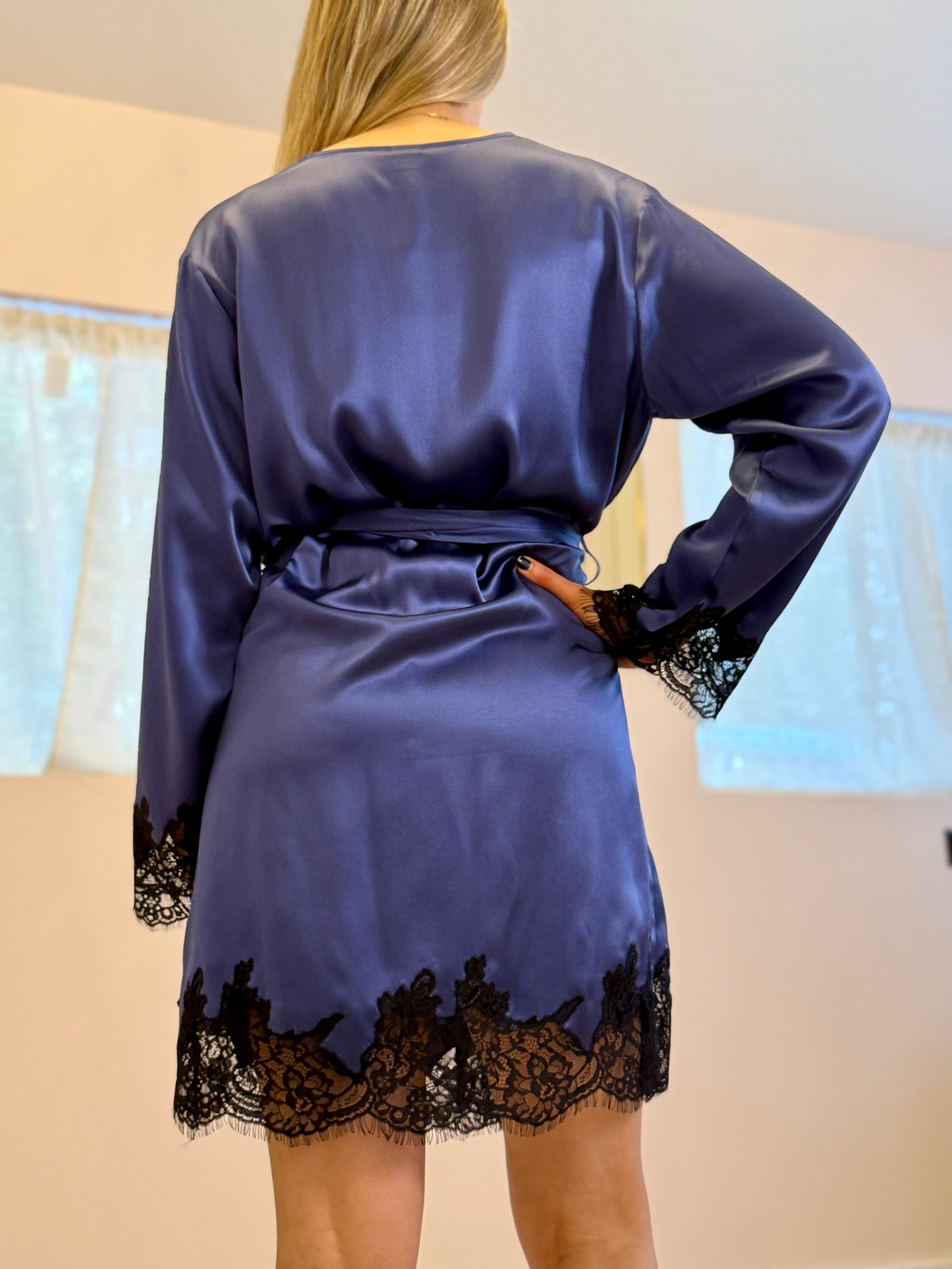 KissKill Genevieve Silk Robe - Navy