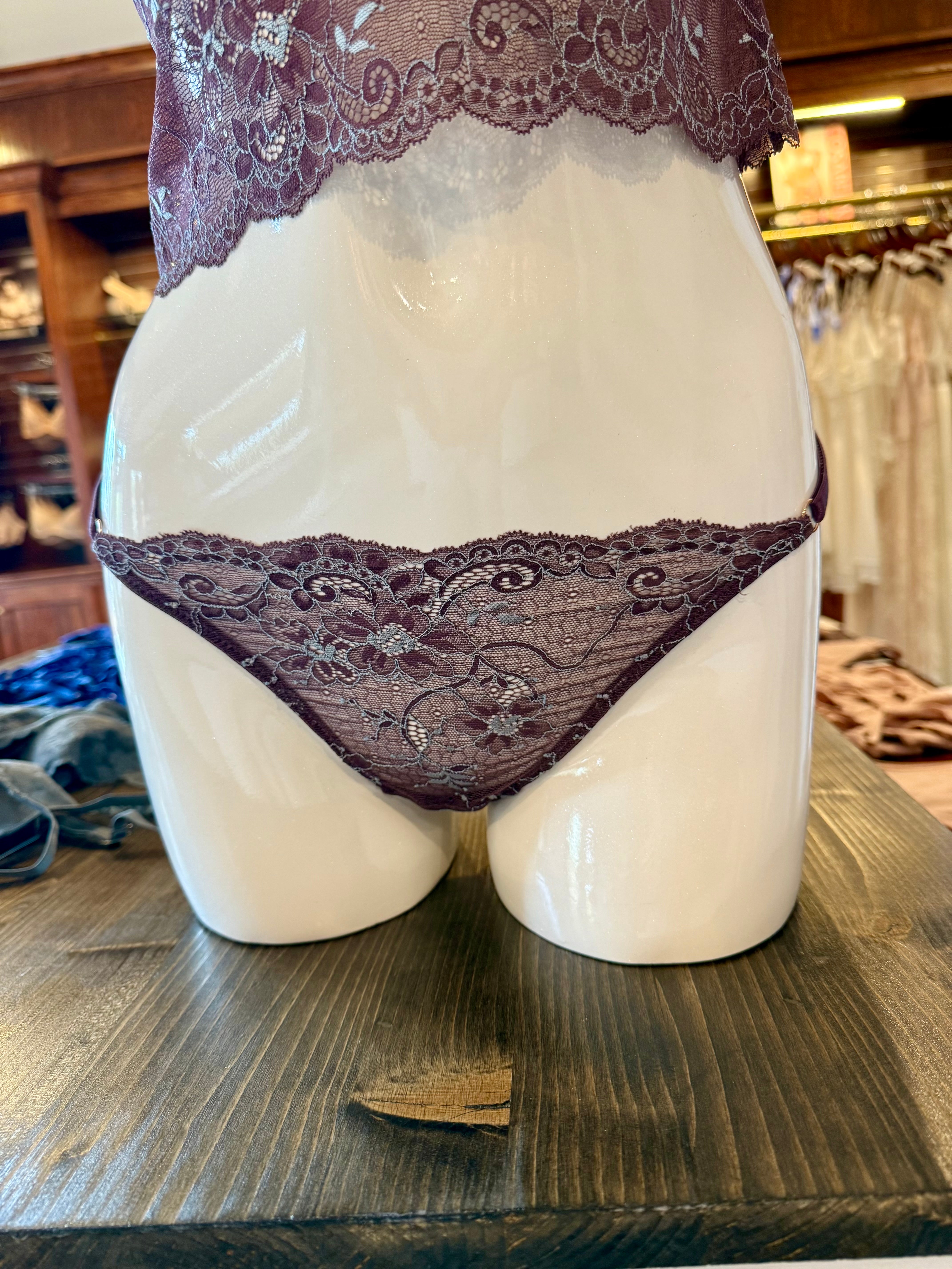 Samantha Chang All Lace Amour String Panty (one size) -Eggplant/Iceberg