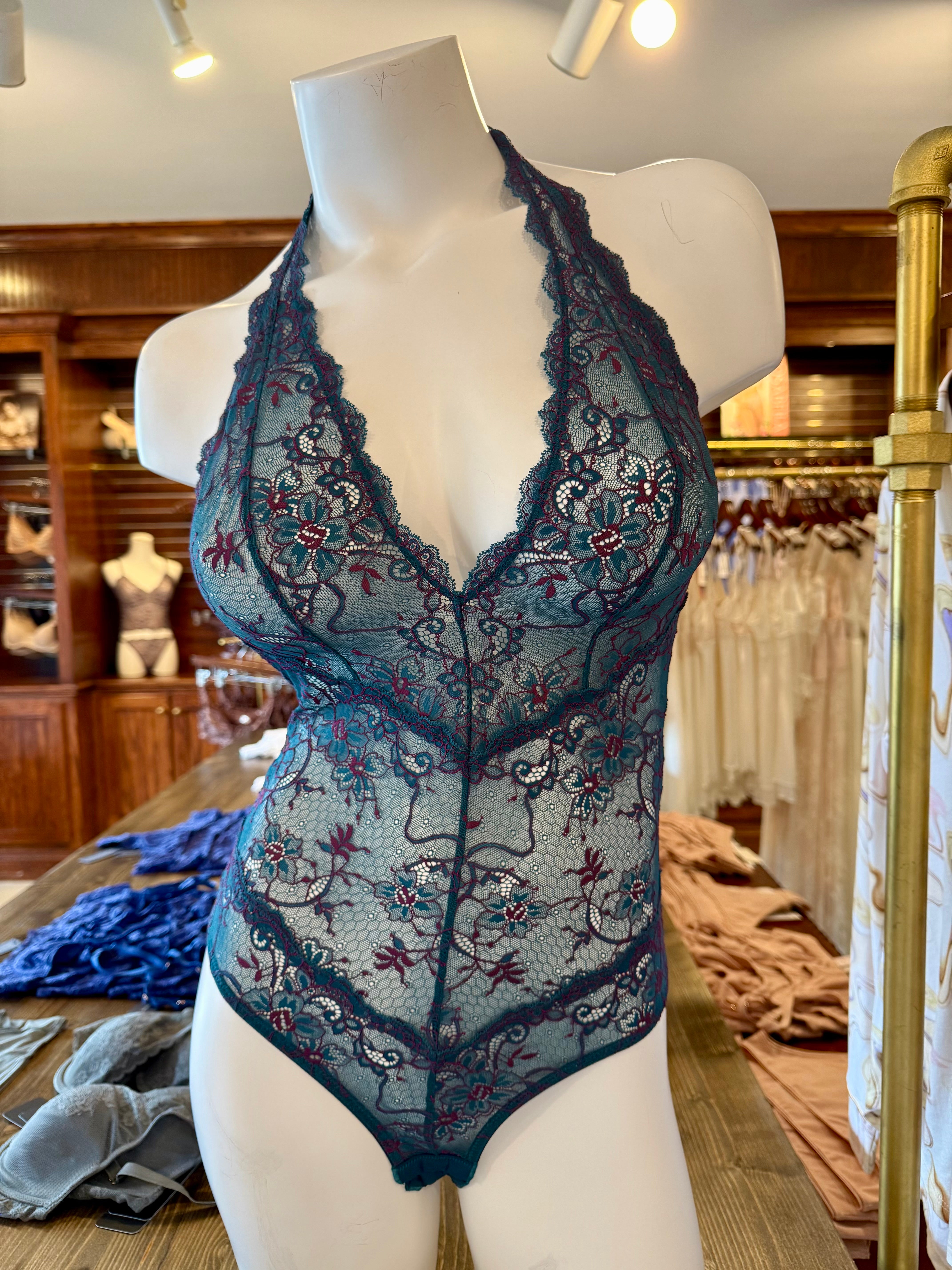 Samantha Chang All Lace Amour Deep Plunge Bodysuit - Peacock/Fuchsia