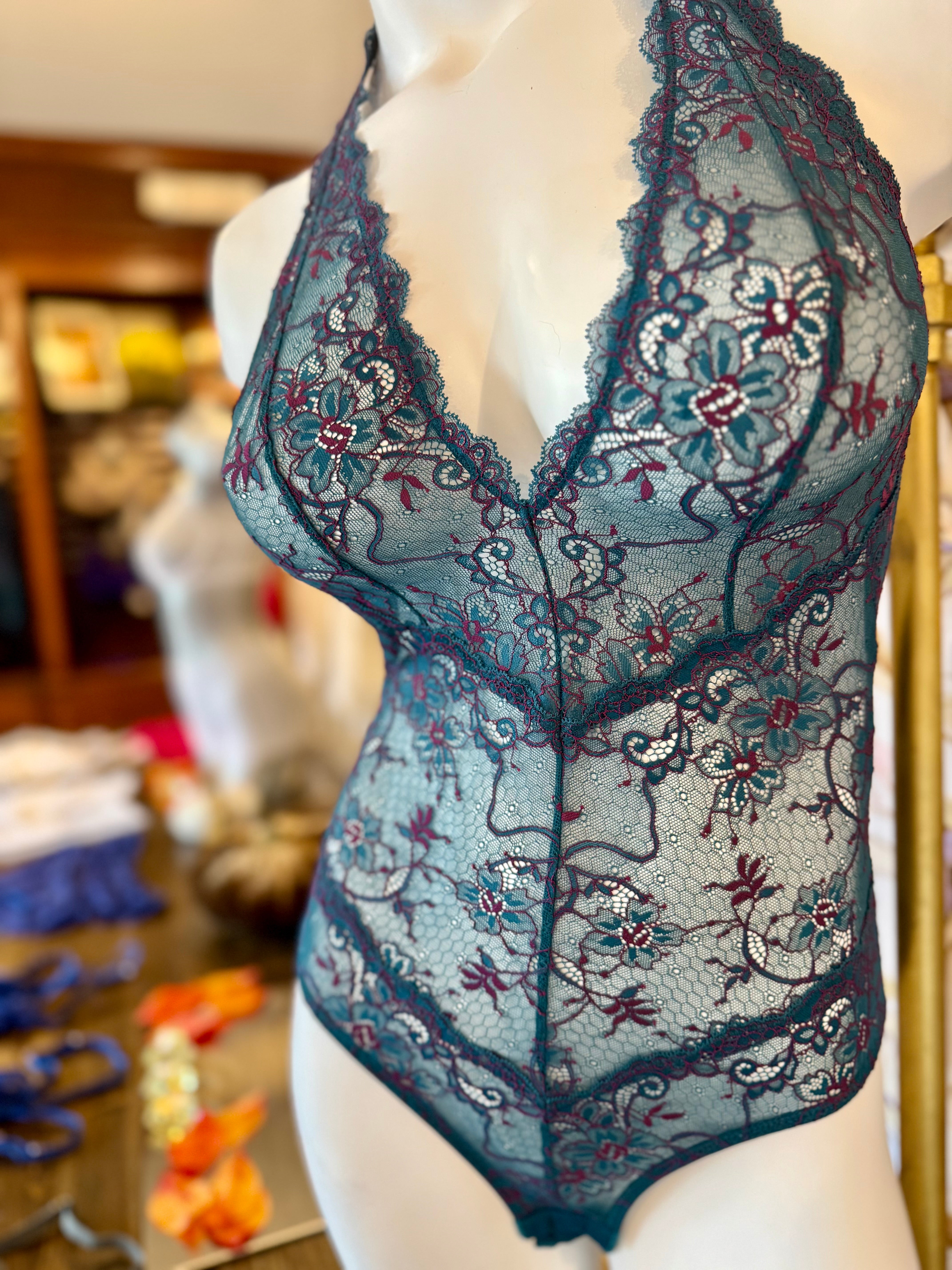 Samantha Chang All Lace Amour Deep Plunge Bodysuit - Peacock/Fuchsia