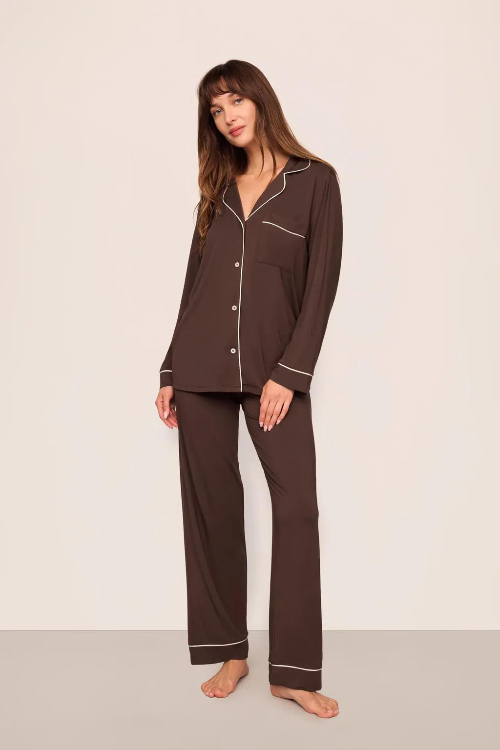 Eberjey Modal Long Pj Set - Chocolate/Ivory