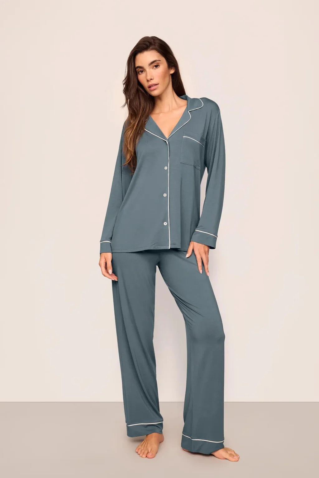 Eberjey Modal Long Pj Set - Stone/Blue Ivory