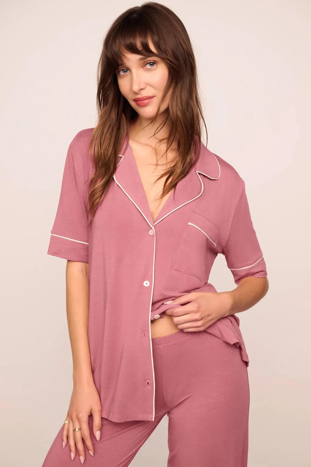 Eberjey Gisele Modal Short Sleeve and Pant Pj Set - Berry Blush/Ivory